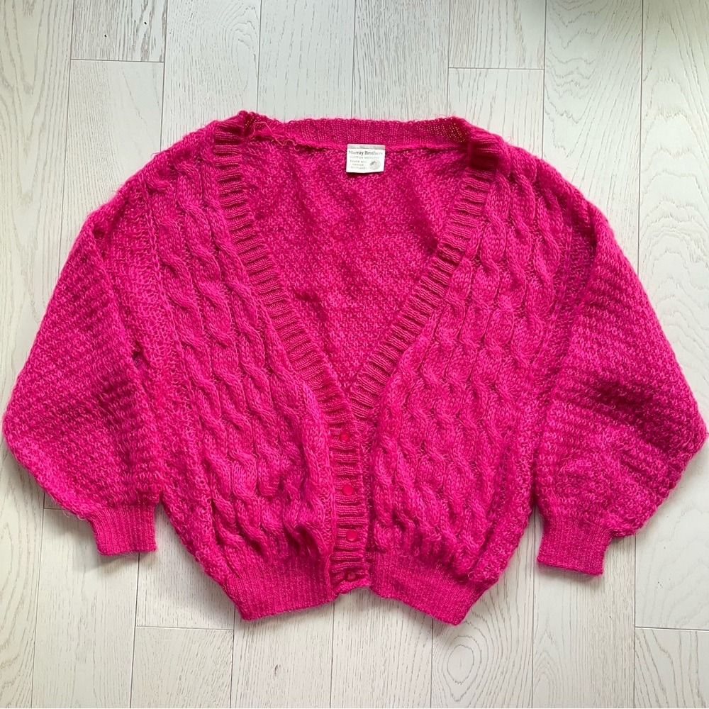 Vintage Murray Brothers Scottish Woollen Mill Fuzzy Mohair Pink Cardigan Sweater